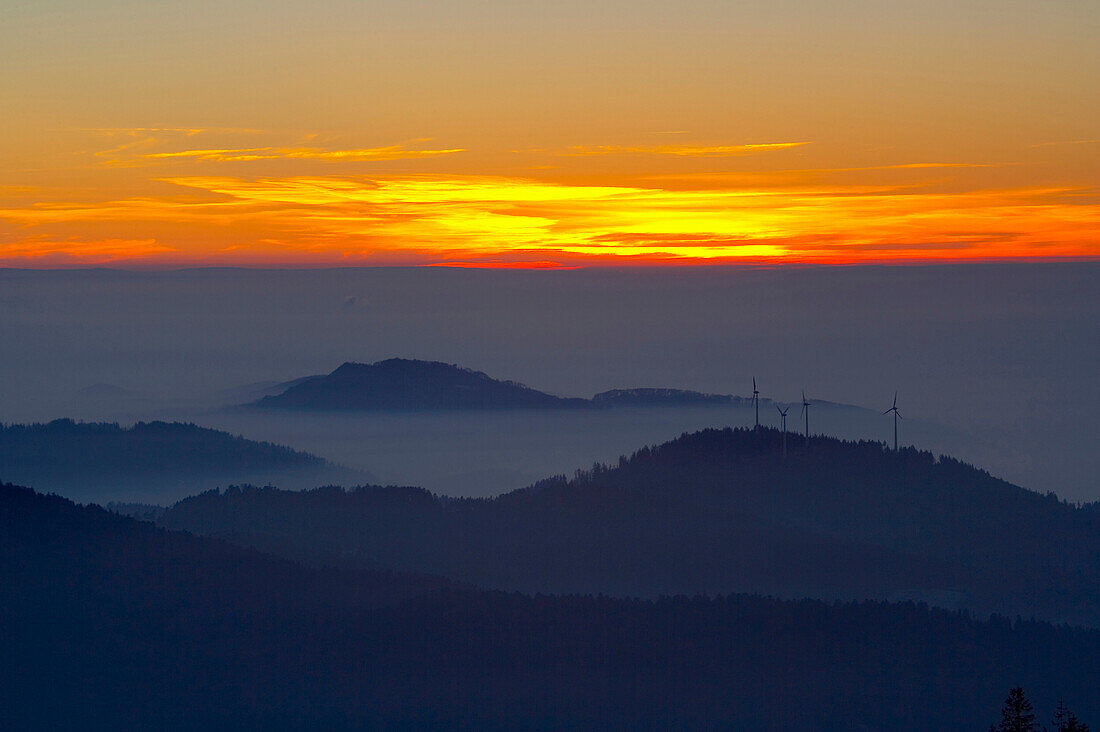 View from the mountain Kandel over the Black Forest with wind energy plants on the Roßkopf, Winter, Sunset, Baden-Württemberg, Germany, Europe