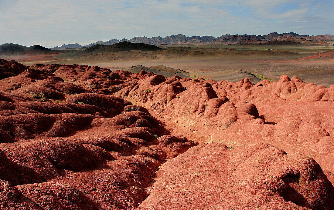 View over red rock landscape, General, desert, Mongolia