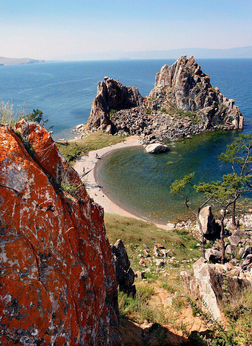 View of Shaman Rock at Cape Burchon on Olchon Island, Lake Baikal, Russian Federation