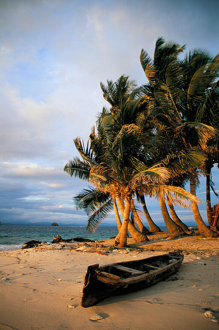 Beach scene in early morning light, San Blas Islands, Panama
