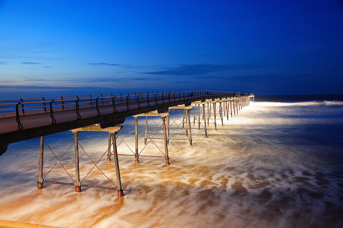 Saltburn Pier newly illuminated at night, Saltburn, Cleveland, UK, England