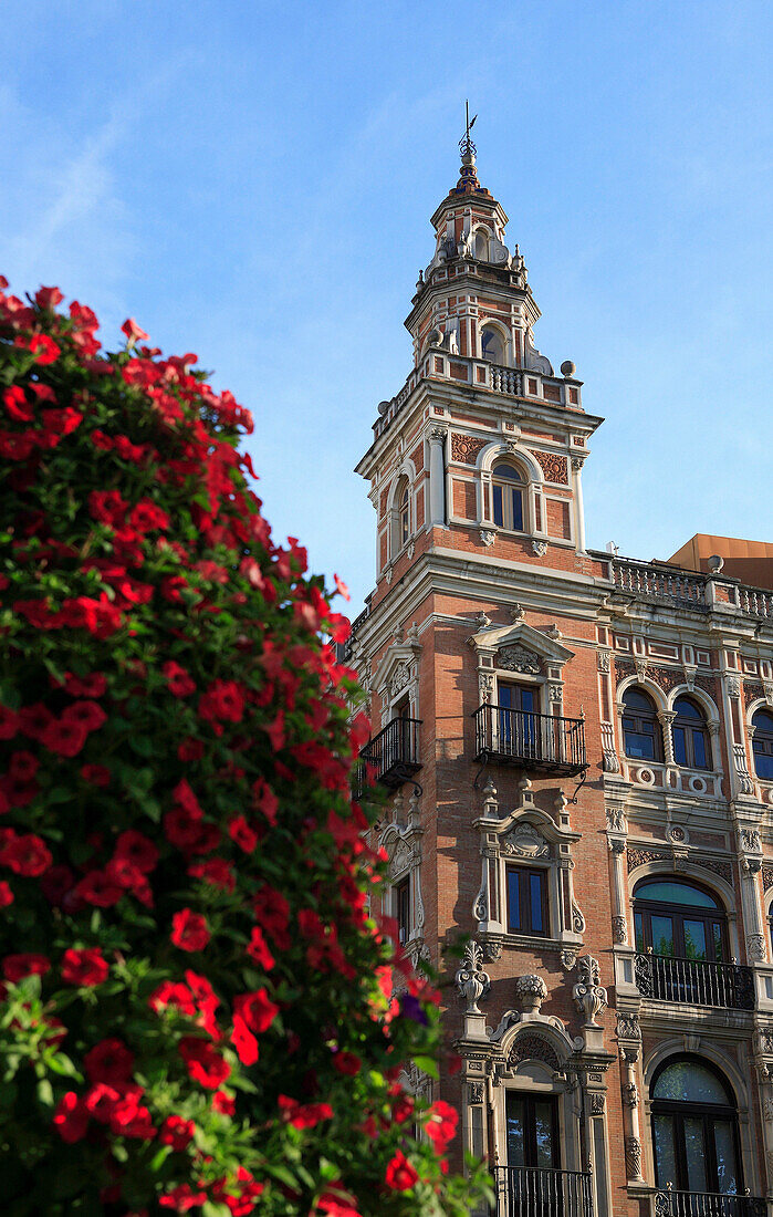 Architecture and flowers in bloom, Seville, Andalucia, Spain