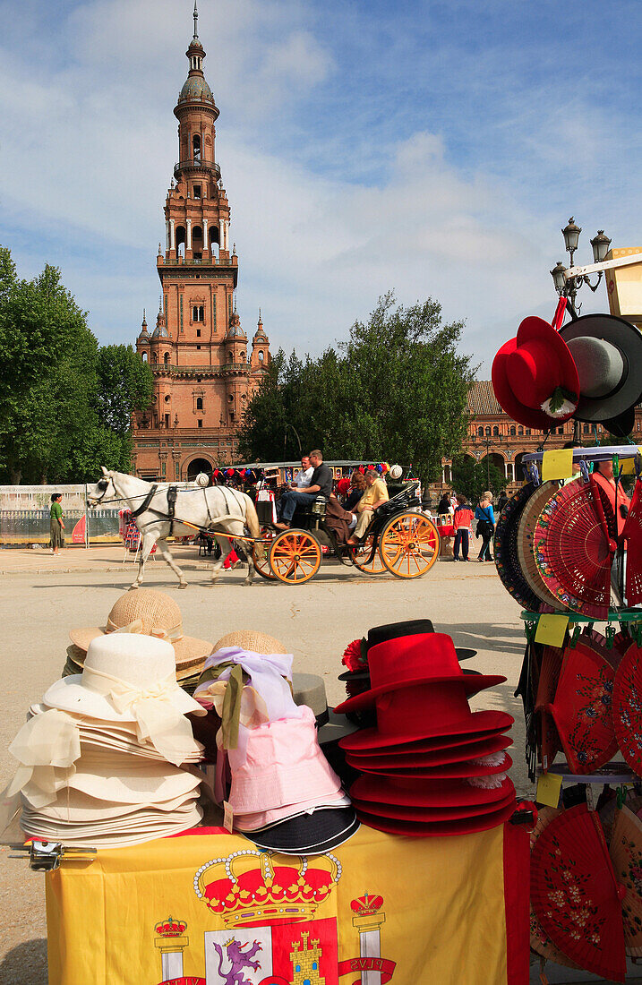 Plaza de Espana, hat stall and horse and carriage, Seville, Andalucia, Spain