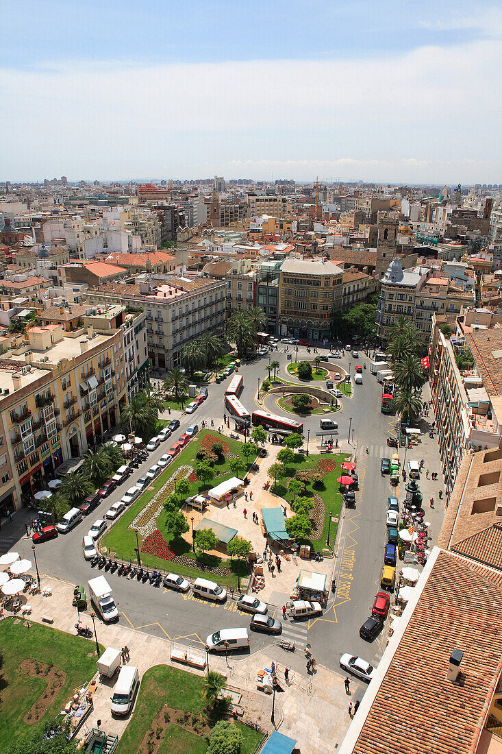 View over Plaza de la Reina from Miguelete tower of the Cathedral, Valencia, Valencia Region, Spain