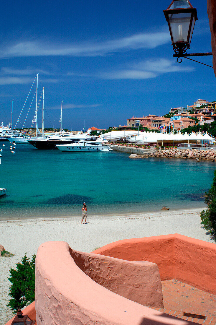 View of beach and marina, Porto Cervo, Sardinia, Italy