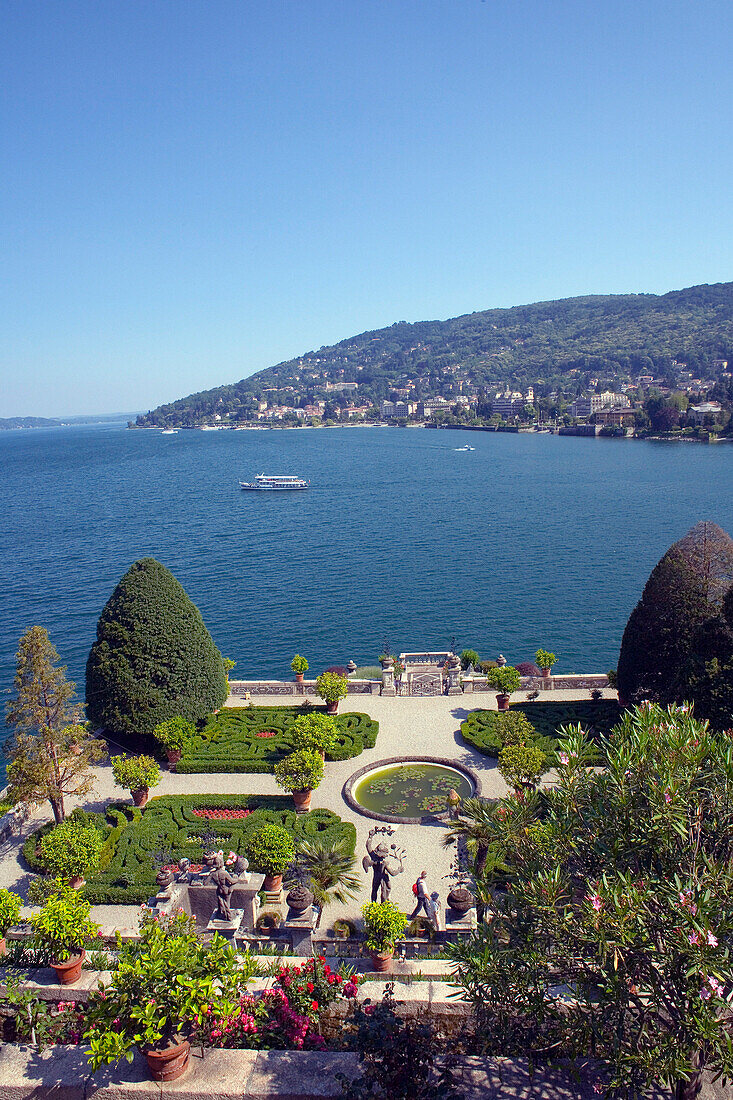 View of gardens and lake, Isola Bella, Lombardy, Lake Maggiore, Italy