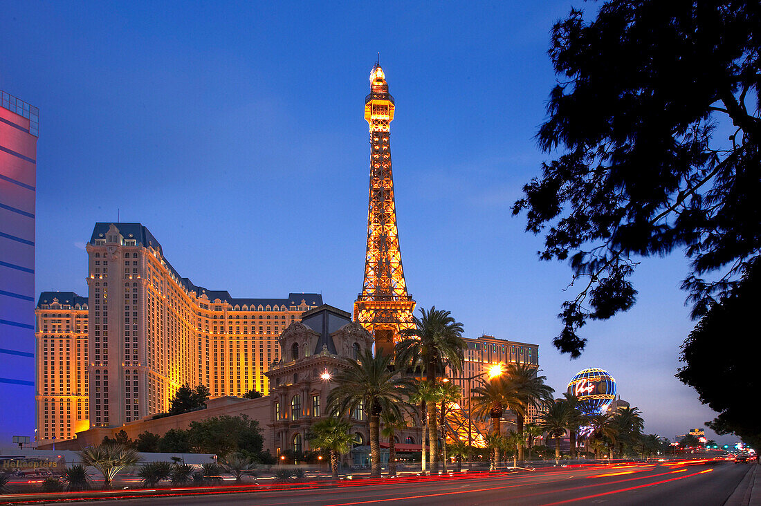 Paris Hotel and Casino at night, Las Vegas, Nevada, USA