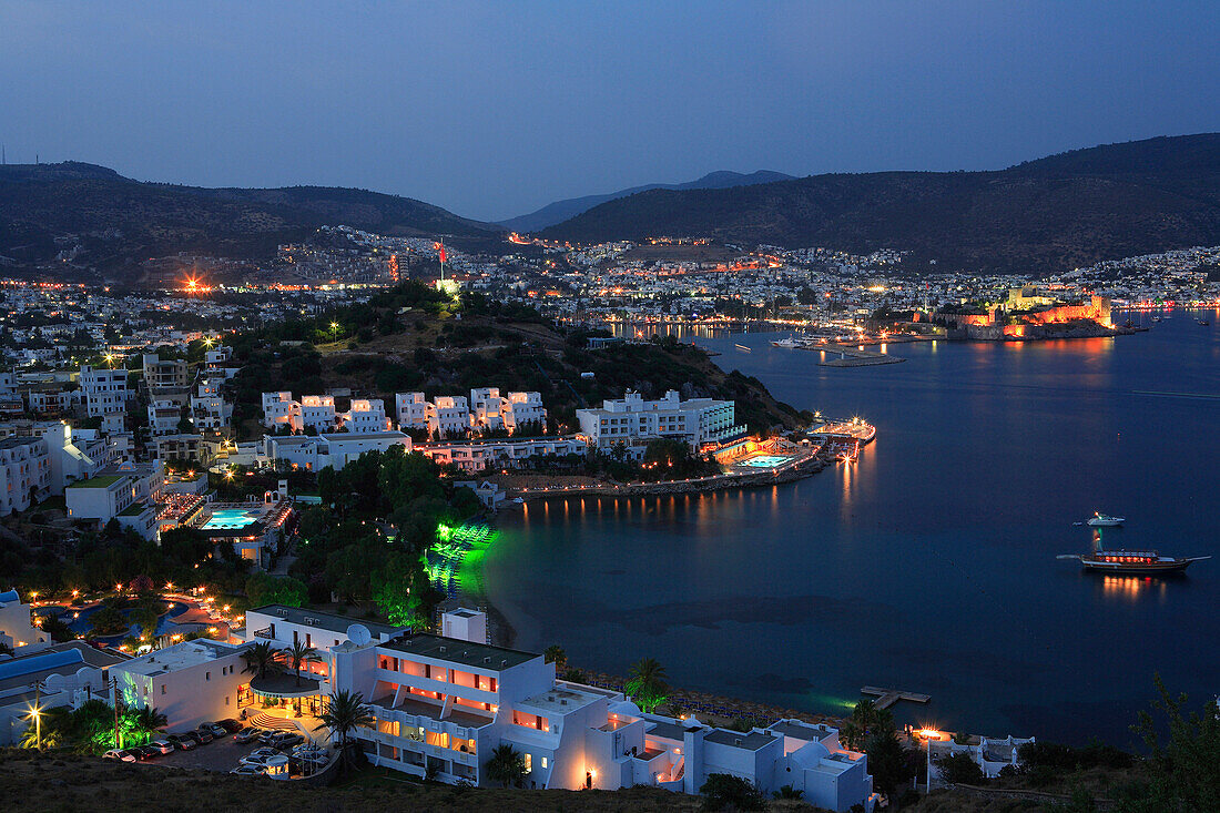 View over town and bay at night, Bodrum, Aegean, Turkey