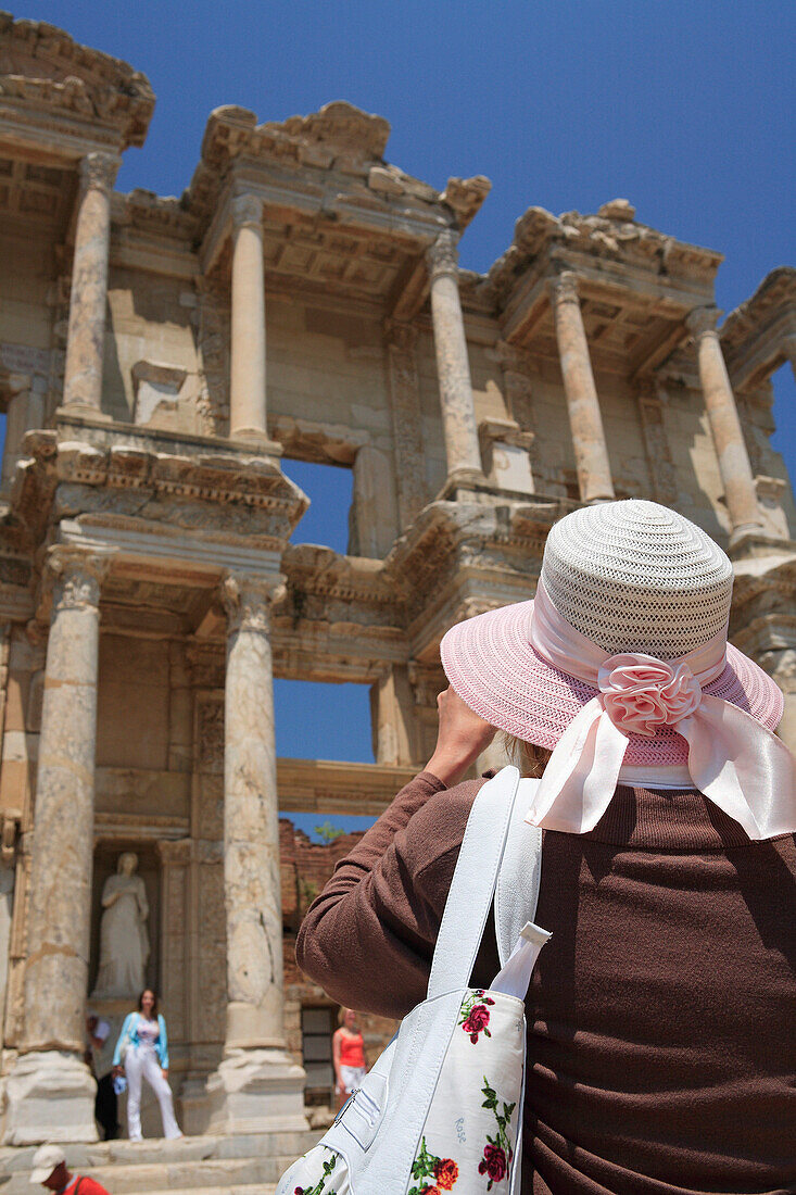 Tourist at the Library of Celsus, Ephesus, Aegean, Turkey
