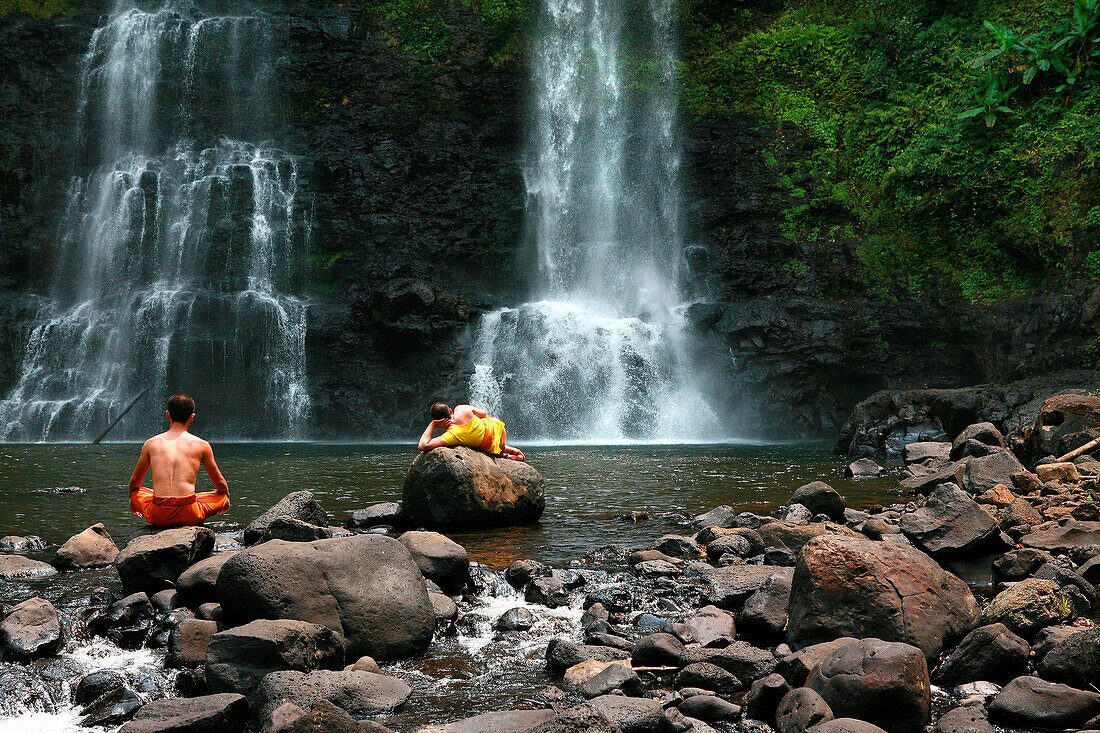 Buddhist monks at the Tat Yeung waterfall, Bolaven Plateau, Laos
