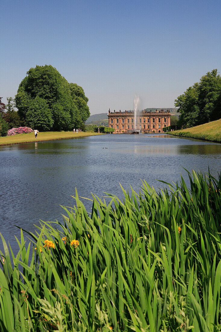 View over lake with irises to house, Chatsworth House, Derbyshire, UK, England