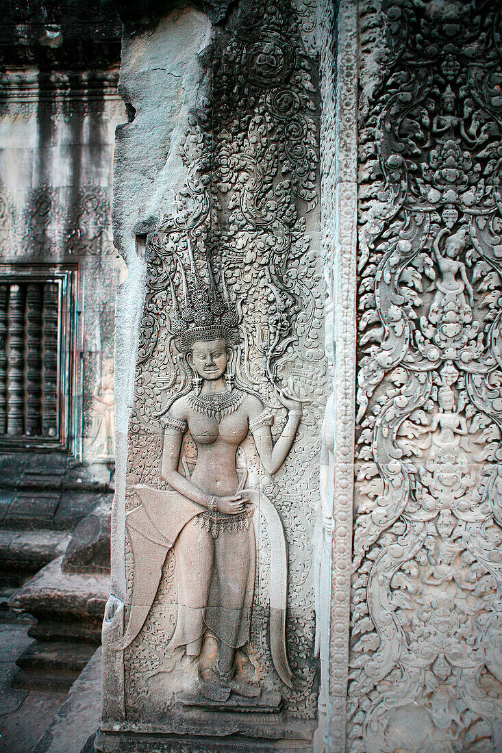 Apsara bas relief at Angkor Wat, Siem Reap, near, Cambodia