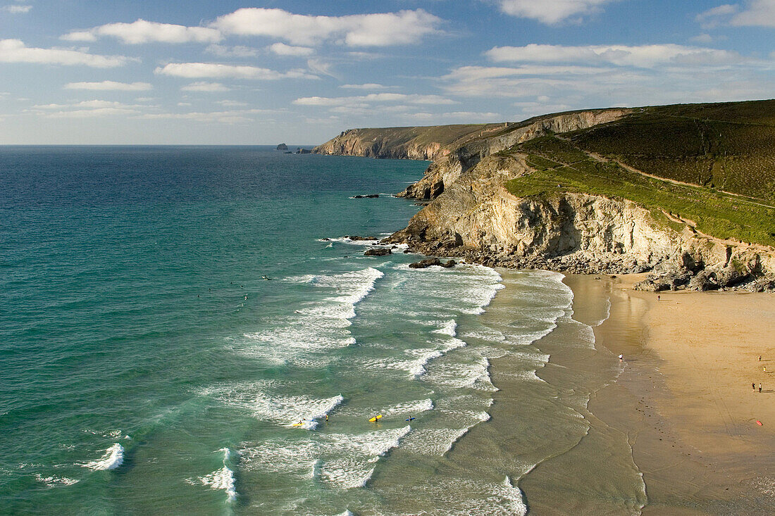 View of cliffs and bay, Porthtowan, Cornwall, UK, England