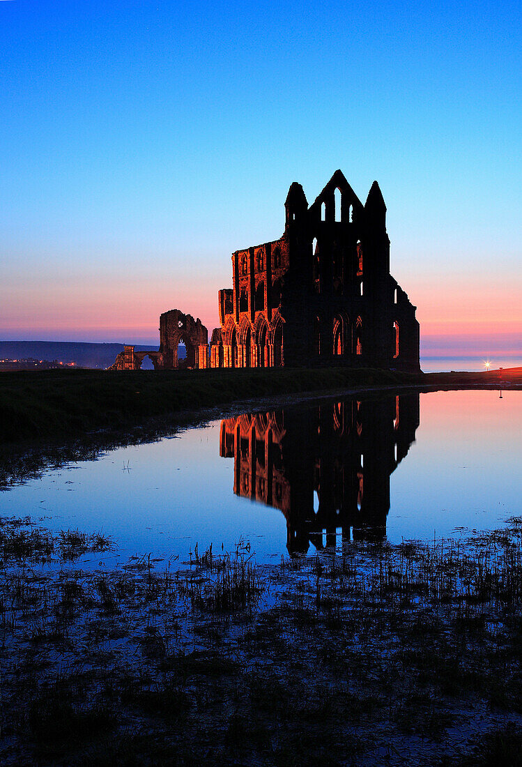 Whitby Abbey at dusk, Whitby, Yorkshire, UK, England