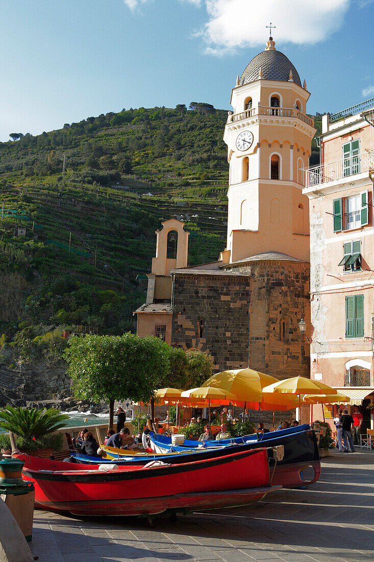 Colourful boats and church, Vernazza, Liguria, Italy