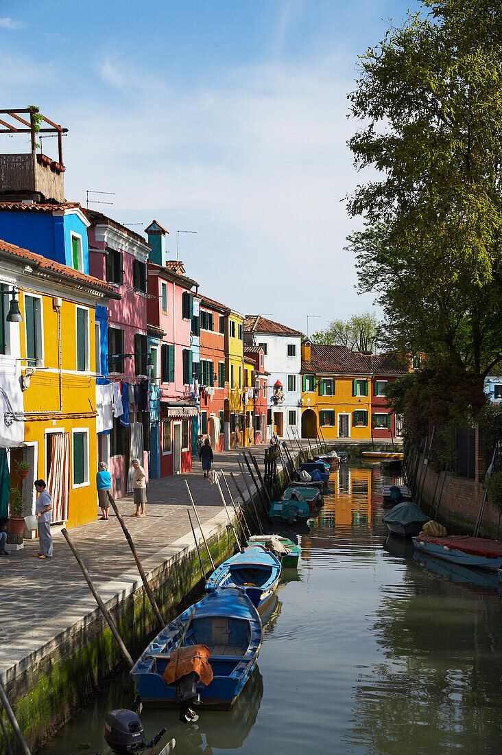 View along canal on Burano Island in the Venice Lagoon, Venice, Burano, Veneto, Italy