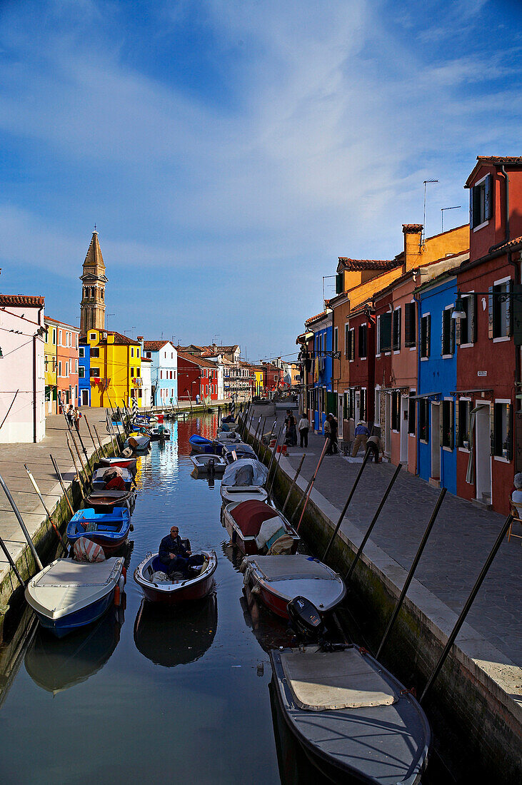 View along canal on Burano Island in the Venice Lagoon, Venice, Burano, Veneto, Italy