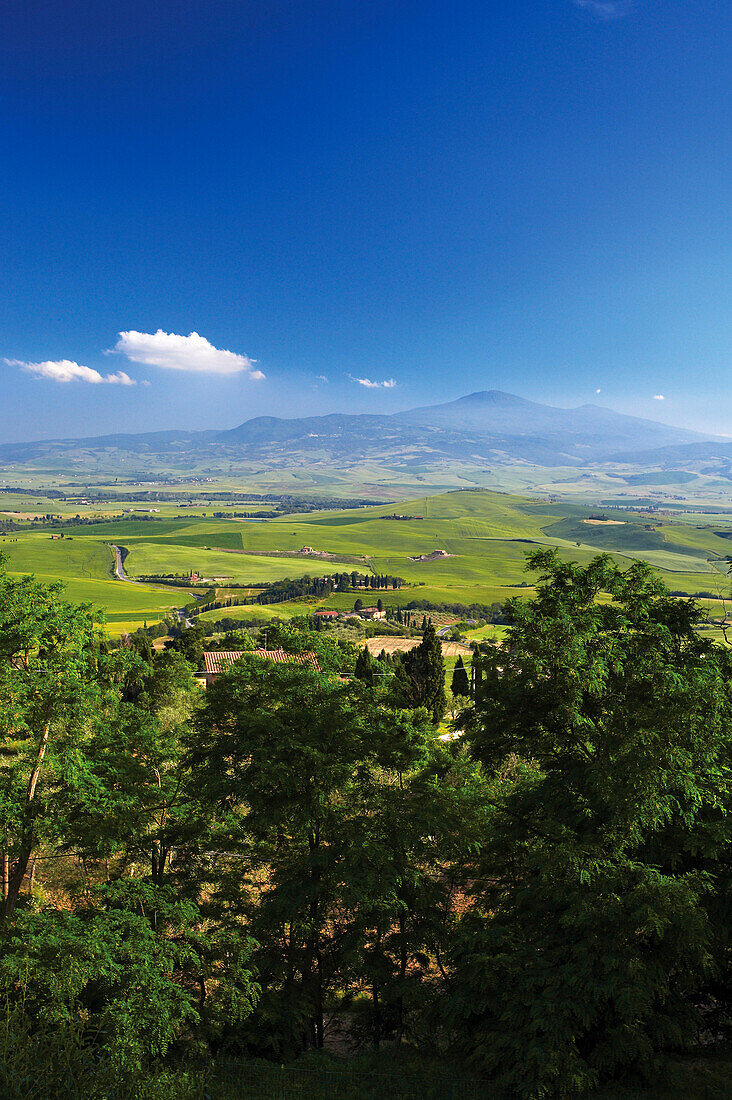 View from town walls over green landscape of Val d'Orcia, Pienza, Tuscany, Italy