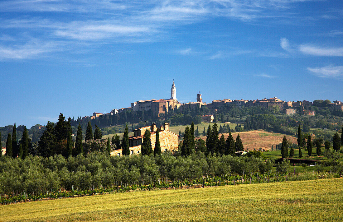 View over countryside to town, Pienza, Tuscany, Italy