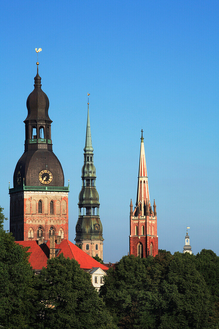 Spires of Lutheran Cathedral and St Peters Church and St Saviours Church in the Old Town, Riga, Latvia