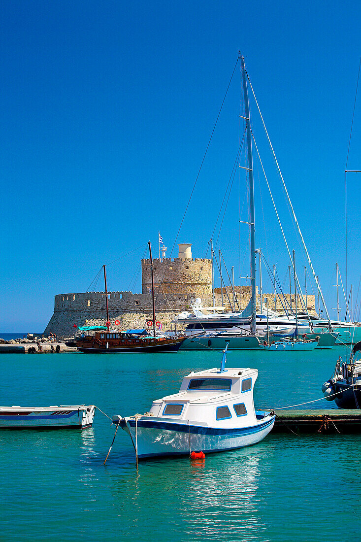 Mandraki Harbour with St Nicholas Fort, Rhodes Town, Rhodes Island, Greek Islands