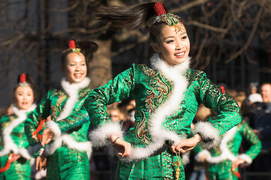 Chinese New Year, Chinese dancing girls, London, UK, England