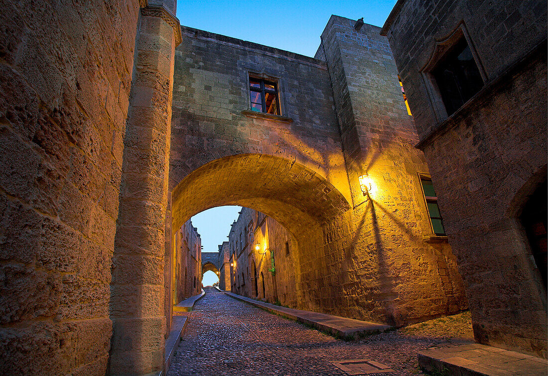 View along Avenue of the Knights at dusk, Rhodes Town, Rhodes Island, Greek Islands