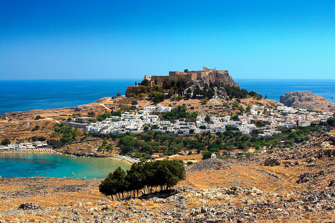 Vew of Lindos town and hilltop acropolis, Lindos, Rhodes Island, Greek Islands