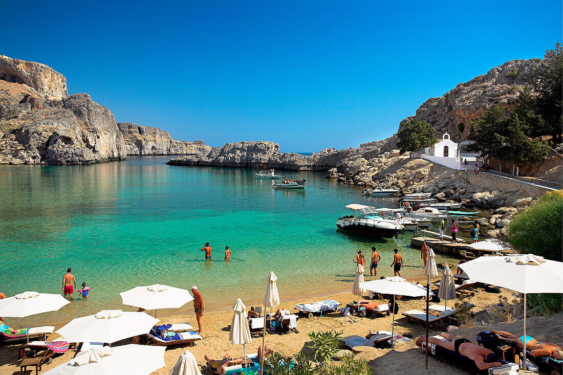 St Pauls Bay, the harbour and beach, Lindos, Rhodes Island, Greek Islands