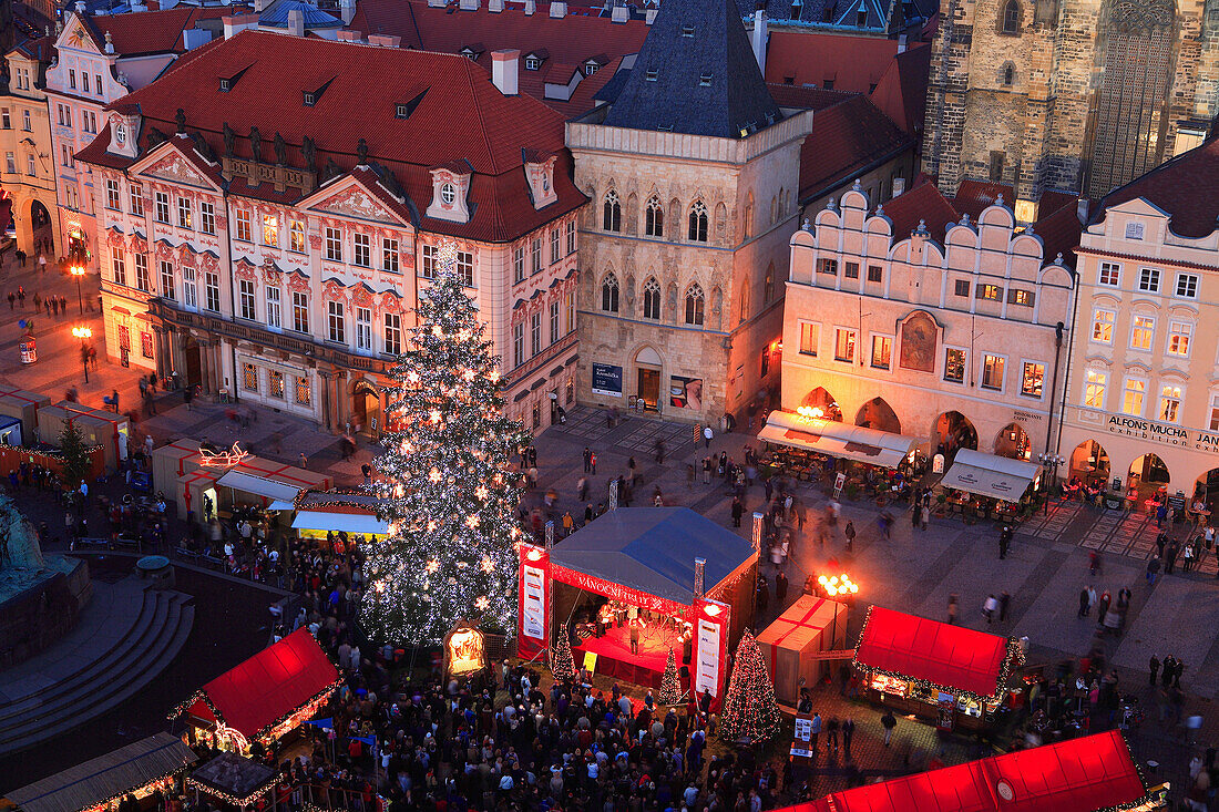 Overview of Christmas Market in Old Town Square, Prague, Czech. Republic