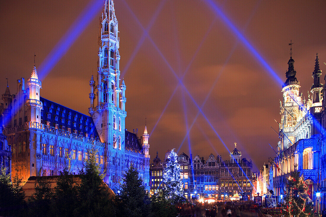 Grand Place, Christmas tree and laser show, Brussels, Flanders, Belgium