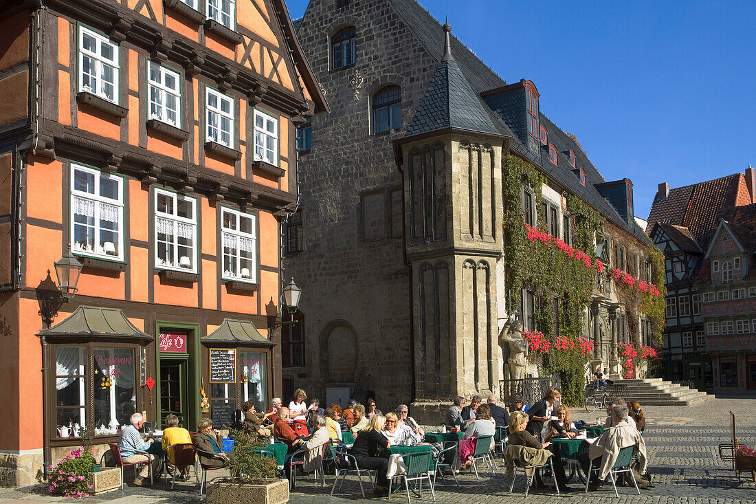 Half-timbered architecture with cafe and Town Hall, Quedlinburg, Saxony-Anhalt, Germany