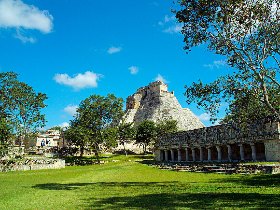 Ruins of Uxmal, Pyramid of the Magician and Ball Court, Uxmal, Yucatan, Mexico