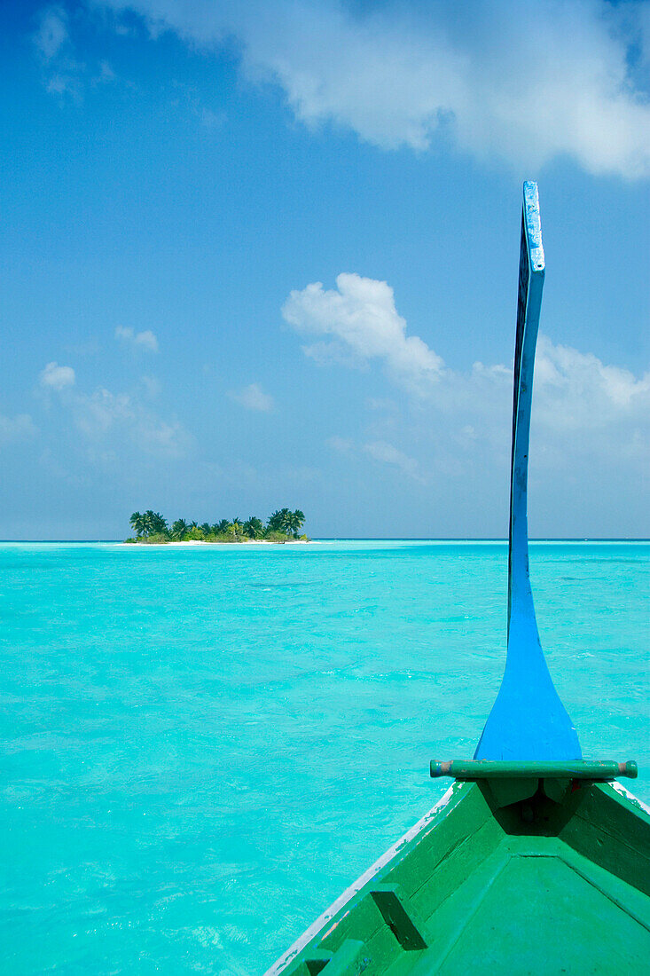 View of desert island from dhoni, General, The Maldives