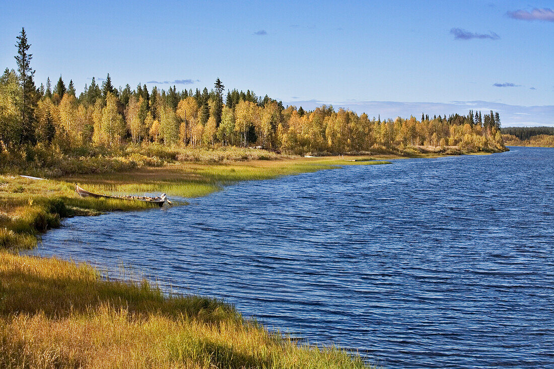 Ounasjoki River scene in autumn, Raattama, near, Lapland, Finland