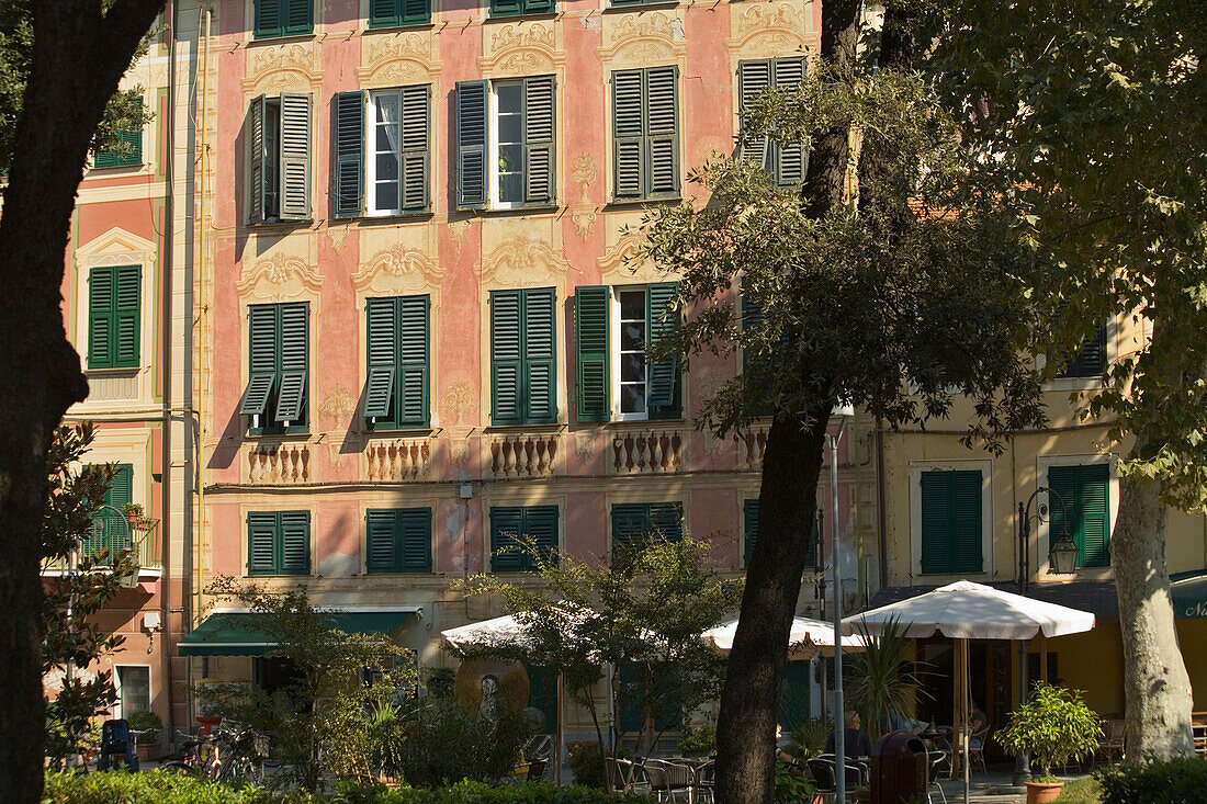 Ornate facade with shutters, Levanto, Liguria, Italy