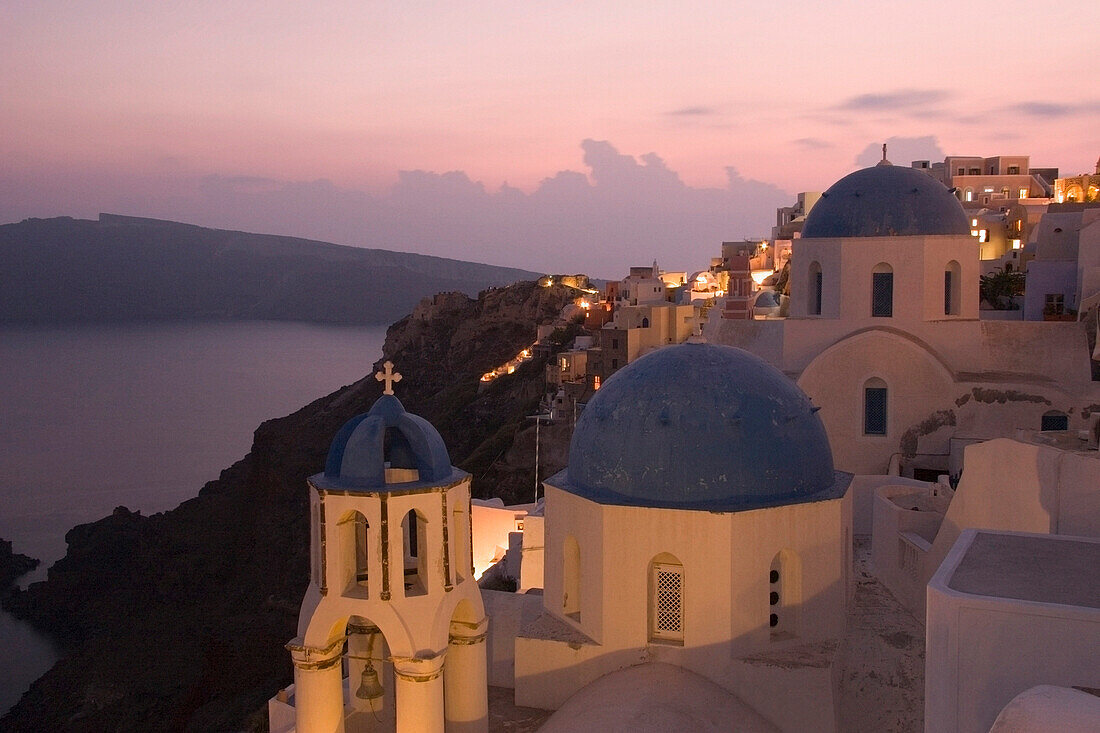 Town at dusk, Oia, Santorini Island, Greek Islands