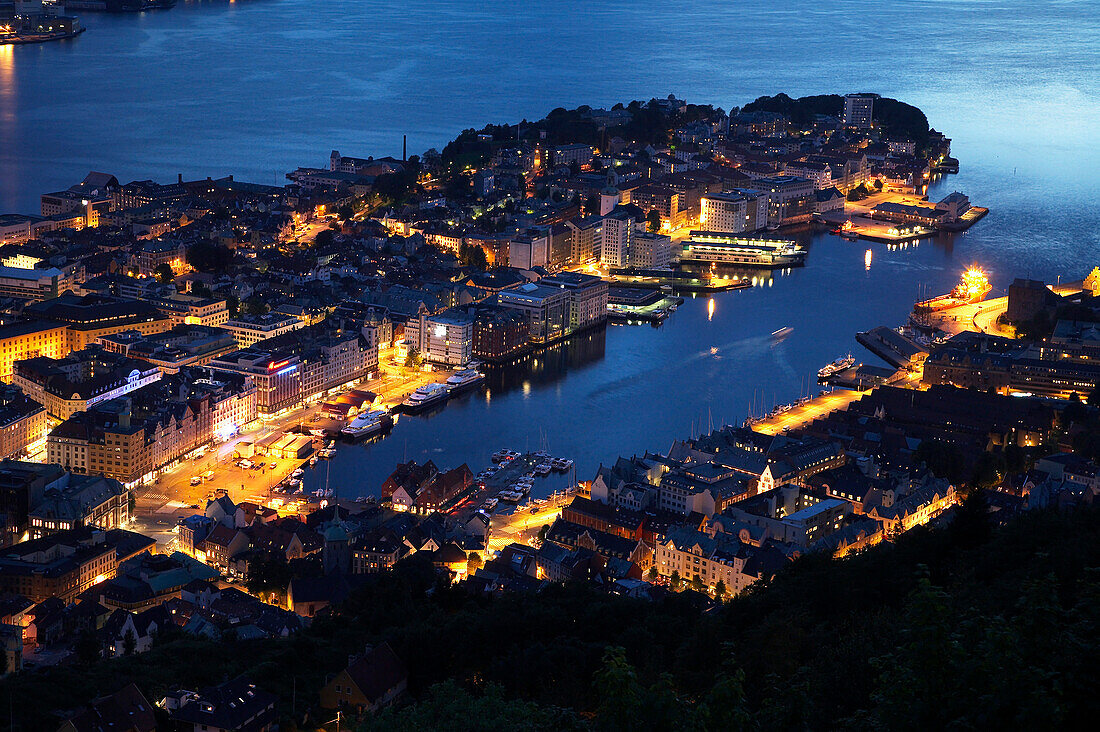 Overview of city at dusk, Bergen, Hordaland, Norway