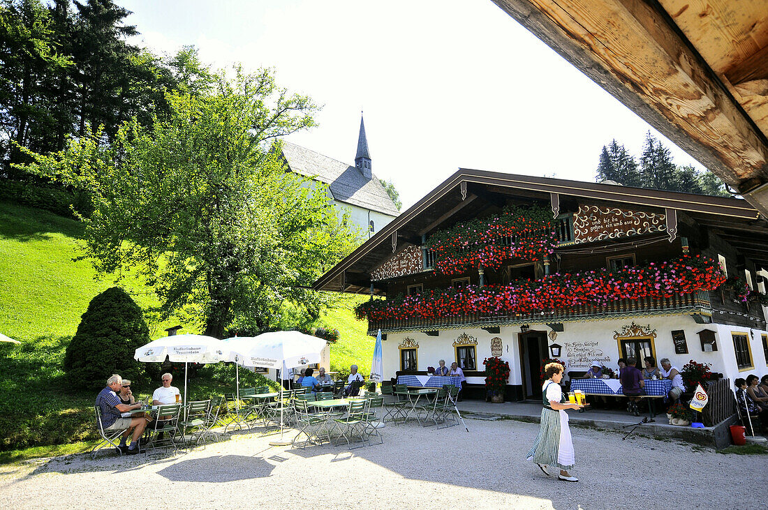 Restaurant, Streichen chapel in backgorund, Schleching, Chiemgau, Bavaria, Germany