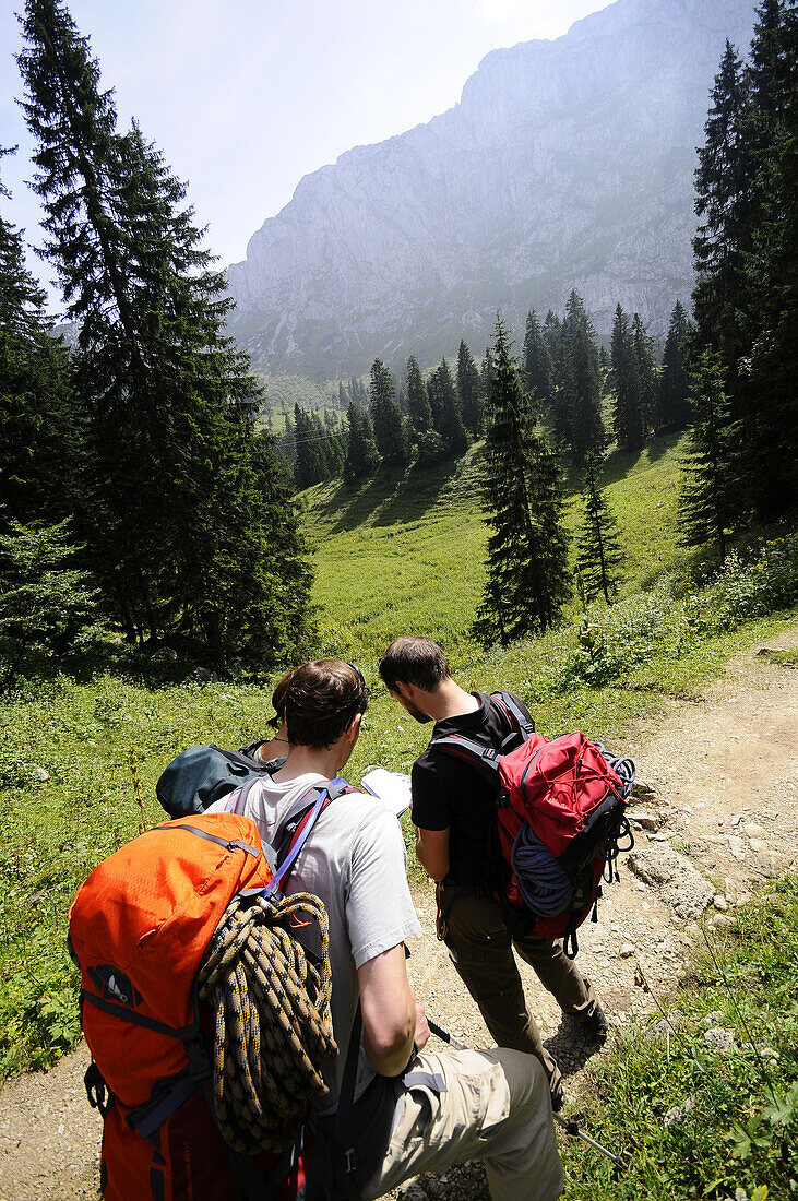 Hikers on trail near Benediktenwand, Bavarian Alps, Bavaria, Germany