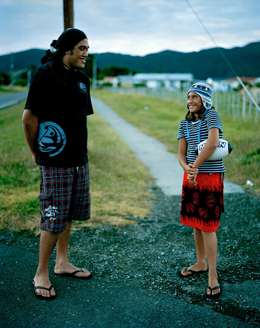 Young Maori siblings at the village Hicks Bay, Eastcape, North Island, New Zealand