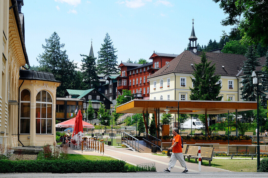 View at buildings at the health resort Janske Lazne, Bohemian mountains, Czech Republic, Europe