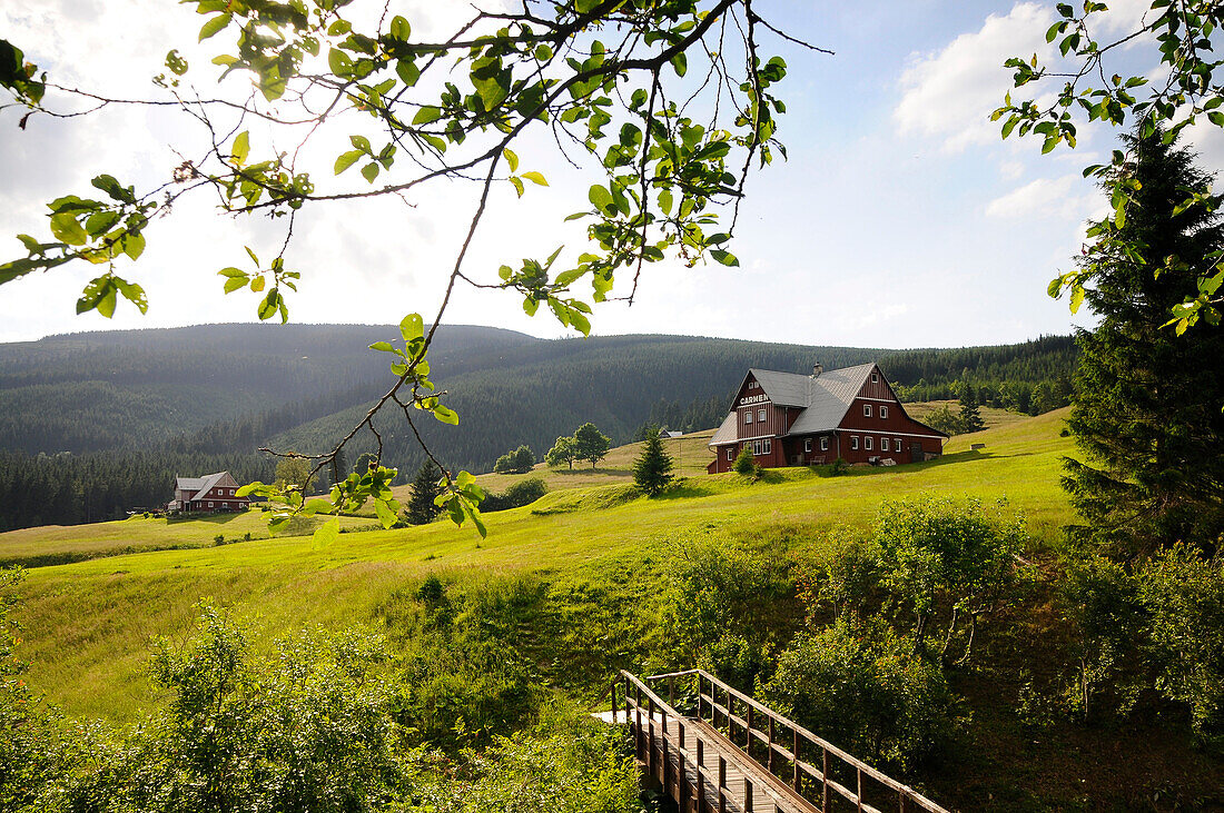 Landschaft mit Hütten am Okraj Pass, Riesengebirge, Ost-Böhmen, Tschechien, Europa