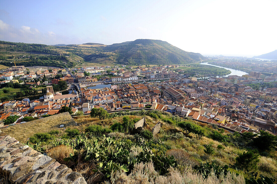 View at the town and the river Temo in the sunlight, Bosa, Sardinia-centre, Italy, Europe