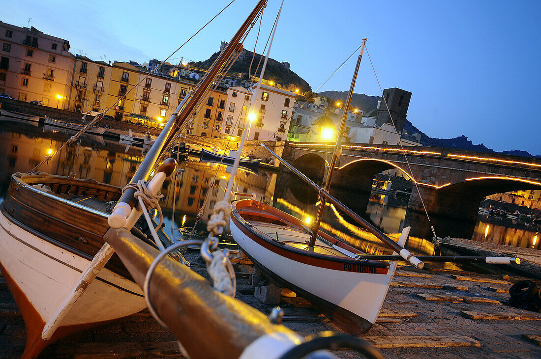 Houses and boats at the river Temo in the evening, Bosa, Sardinia, Italy, Europe