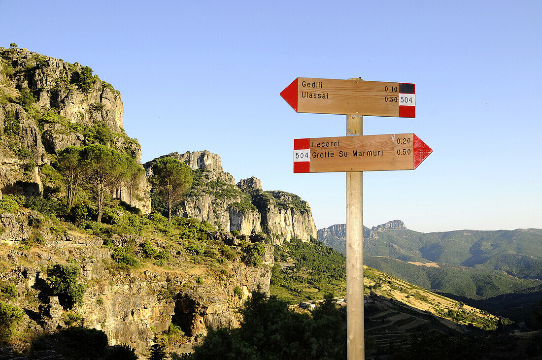 Signpost in the Gennargentu mountains in the sunlight, Sardinia, Italy, Europe