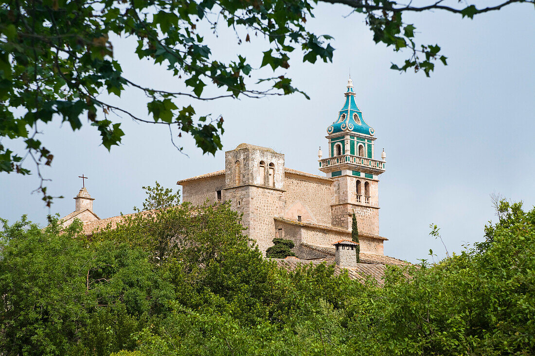 Kartause von Valldemossa hinter Bäumen, Valldemossa, Mallorca, Balearen, Spanien, Europa