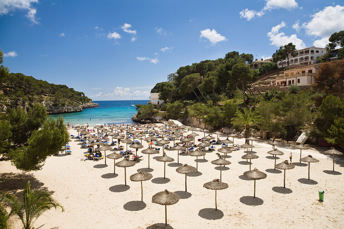 Sandy beach with sunshades at the bay of Cala Santanyi, Mallorca, Balearic Islands, Spain, Europe
