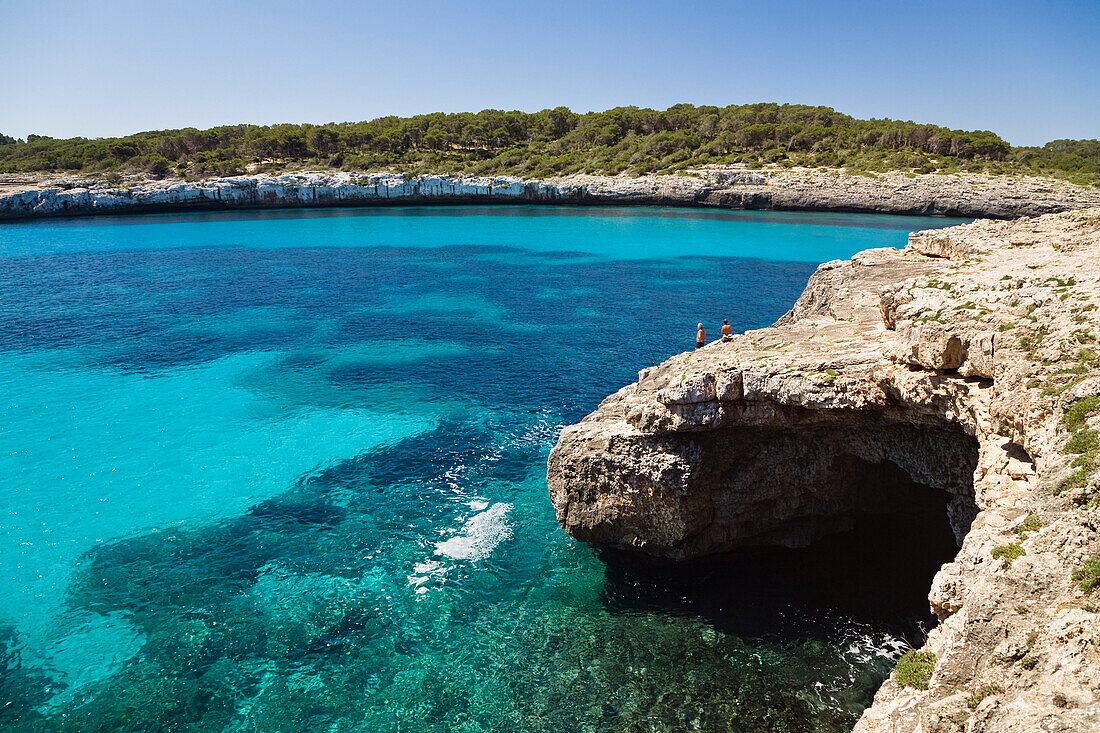 Cliffs and a cave in the bay Cala Mondragó, Mallorca, Balearic Islands, Mediterranean Sea, Spain, Europe