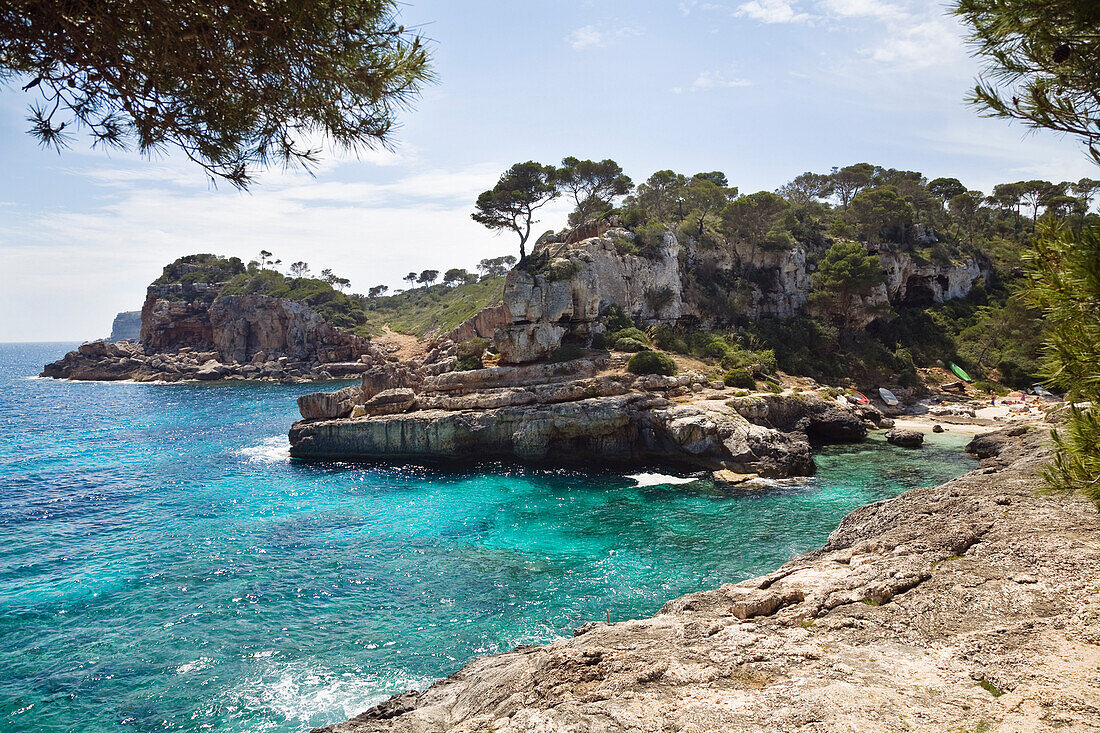 Beach at the bay Cala s'Almonia in the sunlight, Mallorca, Balearic Islands, Mediterranean Sea, Spain, Europe